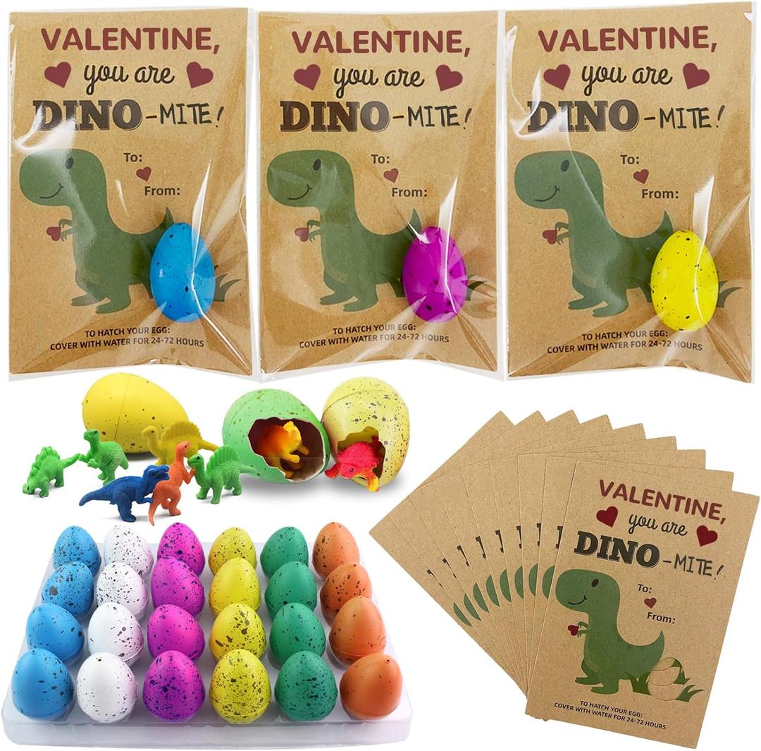 Y_Bong Valentines Day Gifts for Kids - 24 Pack Dinosaur Egg Hatching Card Bulk - Funny Dino Valentine Exchange Cards for Boys Girls Toddler School Class Classroom Party Favors