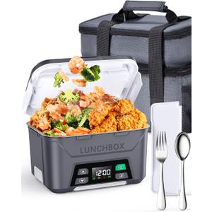 Rechargeable Heated Lunch Box for Men, 1.3L Cordless Electric Lunch Box for Adults with Scheduled Heating, Portable Food Warmer with Large Bag, Cutlery, Removable Divider (Gray)