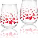 Whaline 2Pcs Valentine's Day Stemless Wine Glasses Clear Drinking Glasses 17oz Red Watercolor Heart Tumbler Cups for Wedding Valentine Party Supplies