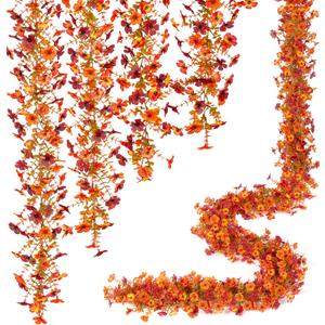 Fall Mums Flowers Artificial Garland for Decoration, 4 Pack 5.9 FT Faux Mums with Eucalyptus Leaves Ivy, UV Resistant Fake Fall Daisy Floral Vine Flowers for Home Garden Wedding Backdrop Decor (Red Orange Red)