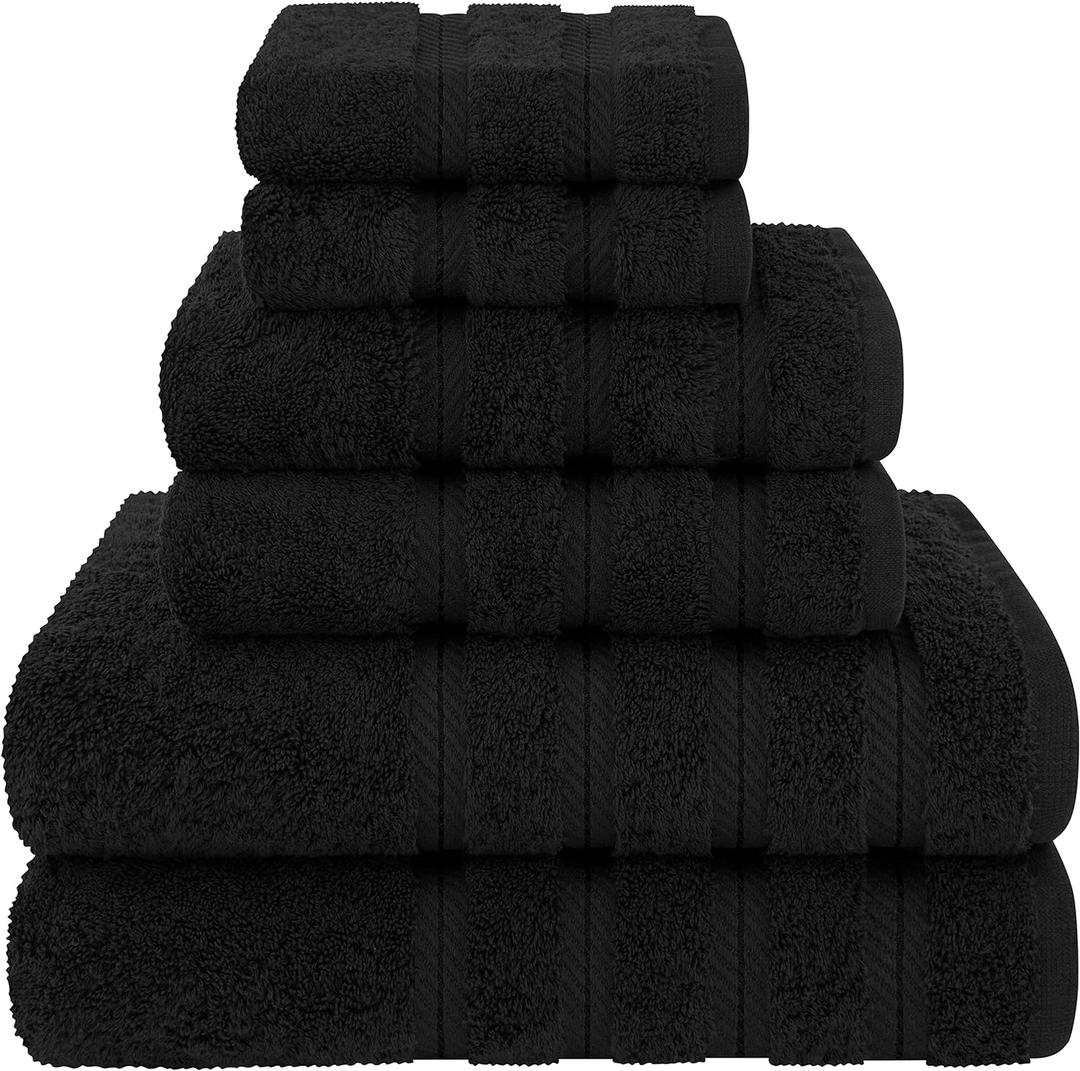 American Soft Linen Luxury 6 Piece Towel Set, 2 Bath Towels 2 Hand Towel 2 Washcloths, 600 GSM 100% Cotton Turkish Towels for Bathroom, Black Towel Sets