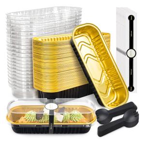 NPLUX 50 Pack Mini Cake Pans with Lids and Spoons Black Gold Rectangular Aluminum Foil Baking Pans Mini Cheesecake Containers Mothers Day Gifts Party Favors(6.8oz)