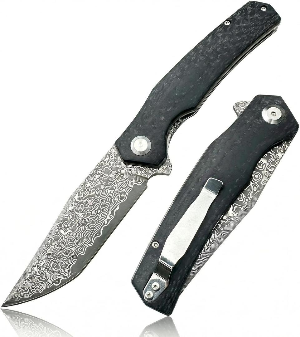 Damascus Steel Folding Pocket Knife, 3.74" VG10 Blade for Men and Women, Carbon Fiber and G10 Handle EDC Knife with Liner Lock for Outdoor Survival Camping Collection Hunting