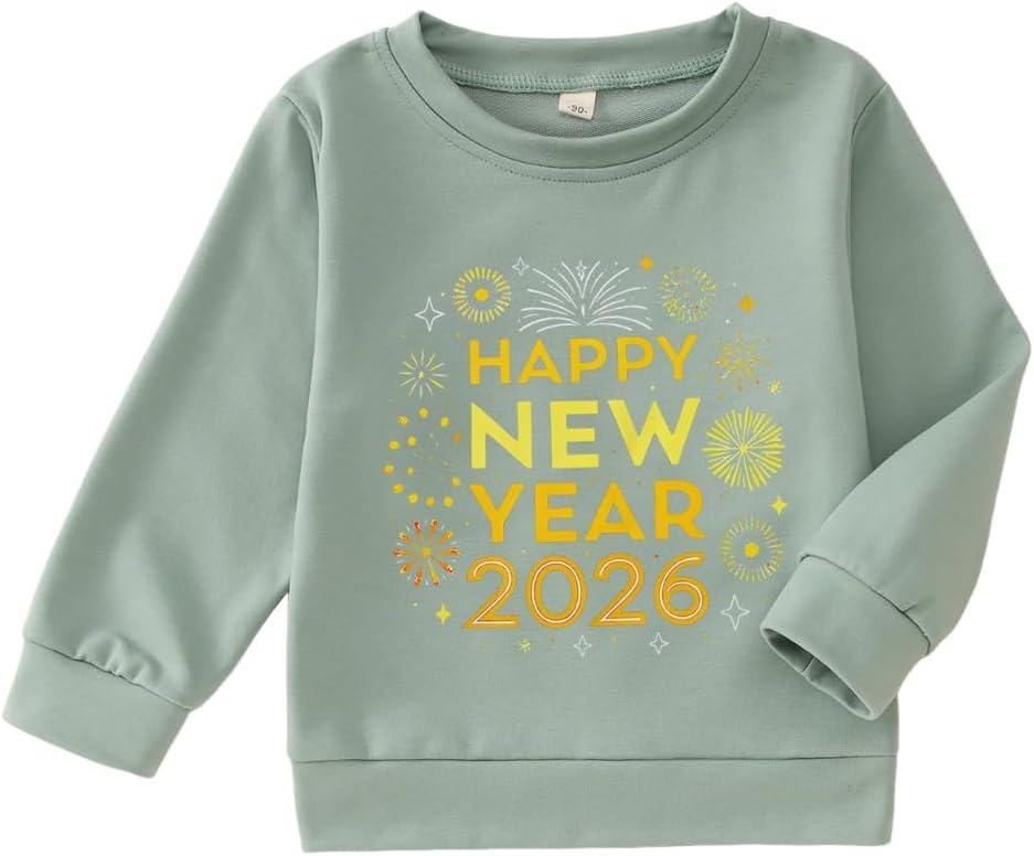 MODNTOGA Toddler Boy Girl Happy New Year Crewneck Sweatshirt Fireworks Graphic Holiday Shirt 2026 Long Sleeve Pullover Tops (Green, 2-3Y)