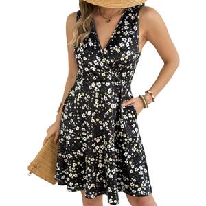 Casual Sleeveless Summer Dresses for Women, Black Floral, Large | Floral Sundress, Wrap V-Neck, Elastic Waist with Pockets, Fit and Flare A-Line Design for Vacation, Beach, Casual Wear (L)