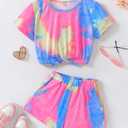 Noubeau Girls Summer Tie-Dye Outfits Elastic Drawstring T-Shirt Crop Top and Elastic Waist Shorts Set with Side PocketsPink- Blue,13-14 Years