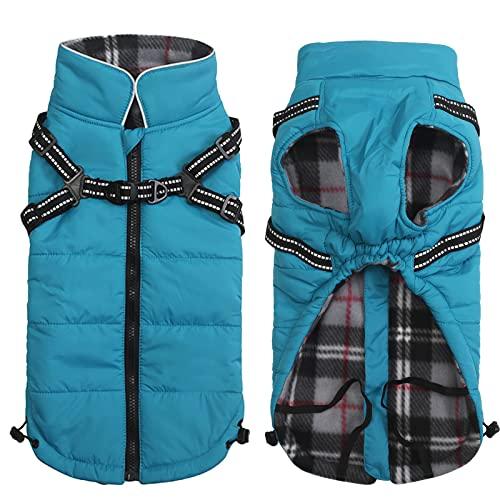 Geyecete Winter Warm Coat Waterproof Dog Winter Jacket with Harness Traction Belt,Pet Outdoor Jacket Dog Autumn and Winter Clothes for Dog-Blue-XXL