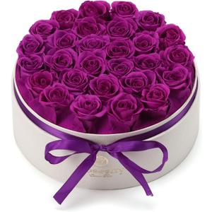 Valentines Day Flowers Roses Gifts for Her,28pcs Purple Forever Preserved Roses in Round Gift Box,Valentines Day Delivery Prime Gifts-Roses Gifts for Women,Mom.