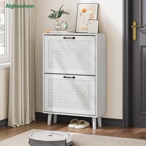 Shoe Storage Cabinet with Handmade Rattan Drawers, Freestanding Shoe Organizer Cabinet with Solid Wood Legs, Narrow Shoe Cabinet Storage for Entryway, Rustic Slim Shoe Rack Cabinet (White) (Width - 23.6 inches)