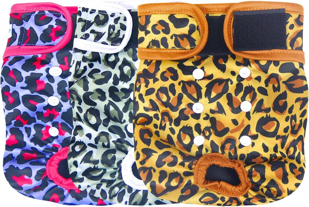 Leekalos Reusable Washable Dog Diapers Female (3 Pack) - Highly Absorbent Doggie Diapers - Size Adjustable Puppy Diapers for Dog Period Panties (Small, Leopard) (Small (Newborn-10.5" Waist), Leopard(Black Lining))