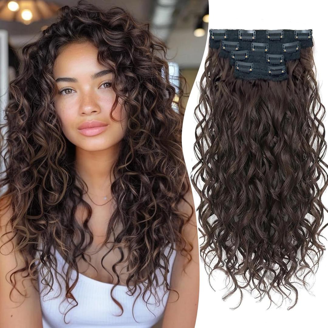 Aisaide Clip in Hair Extensions, 4PCS 20 inch Curly Hair Extensions Short Soft Natural Hairpiece Lace Weft Curly Wave Clip Ins Extensions Invisible for Women,Dark Chocolate Brown