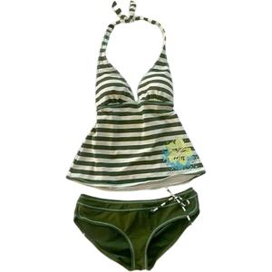 Y2k Tankini Striped Bikini Set Cute Kawaii Swimsuit 2 Piece 2000s Bathing Suit Vintage Floral Print Grunge Emo Alt Swimsuit (US, Alpha, Small, Regular, Regular, Green)