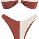 ZAFUL Strapless Bandeau Bikini Ribbed Two Tone Bow Bikini Swimsuit 2 Piece Bathing Suits(7-Coffee, M)