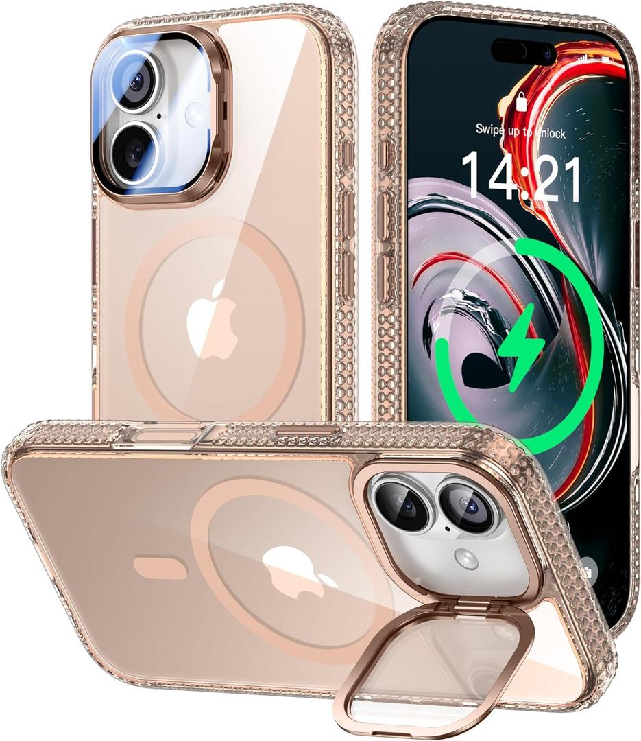 VOFATA [Upgraded Full Camera Protection] for iPhone 17 Case with Camera Cover Stand [Fit for MagSafe][10FT Mil-Grade Protection] Transparent Magnetic iPhone 17 Phone Case, Clear Gold