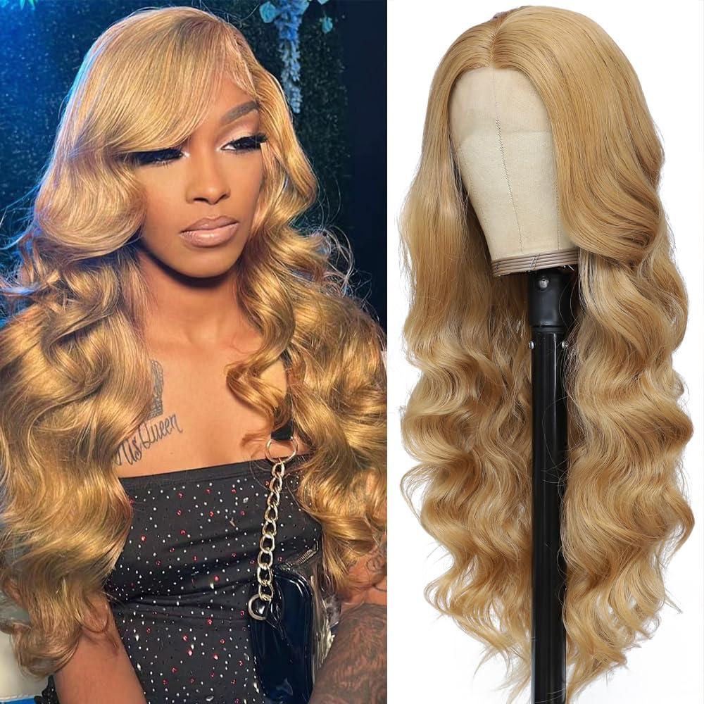 30 Inch Synthetic Lace Front Wig for Women - Honey Blonde HD Lace Wig - Glueless Pre Plucked Bleached Knots - Body Wave - Heat Resistant Fibre 180% Density