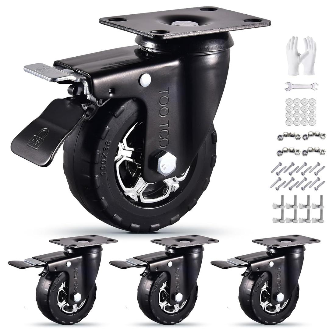 4 Inch Heavy Duty Casters Set of 4 all swivel with brakes, 2200Lbs Capacity, Silent Swivel with Brake, Elastic Rubber Locking Wheels, Industrial Plate Castors Ideal for Carts Furniture and Workbenches