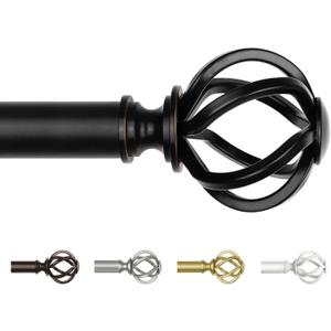Black Curtain Rod 32 to 58 Inch (2.6-4.8 ft), USFOOK 7/8 Curtain Rods for Windows 20 to 54 Inch, Telescoping Splicing Drapery Rods with Twisted Cage Finials