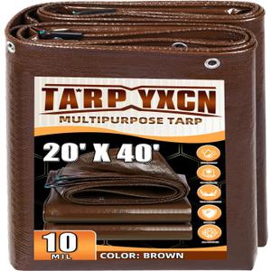 Brown Tarp 20x40 Feet, 10 Mil Thick Waterproof Poly Tarps Cover UV Resistant, Rip & Tear Proof with Metal Grommets Every 20 Inches