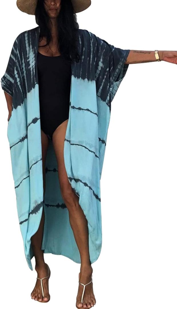 CHERRY CAT Women Beachwear Long Beach Coverups Kaftan Casual Caftan Dress (Blue Grey)