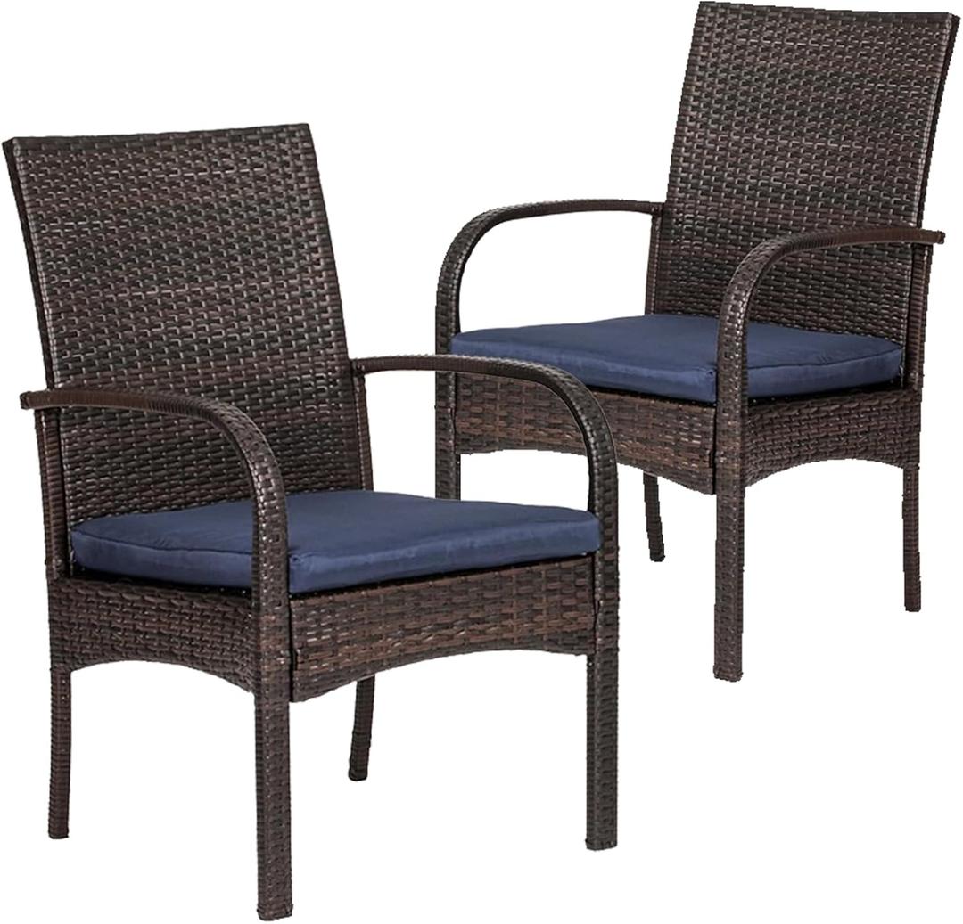 Wicker Patio Dining Chairs Set of 2, All-Weather PE Rattan Outdoor Chairs with Soft Cushions, 350lbs Heavy Duty Capacity, Rattan Furniture for Garden, Porch, Backyard