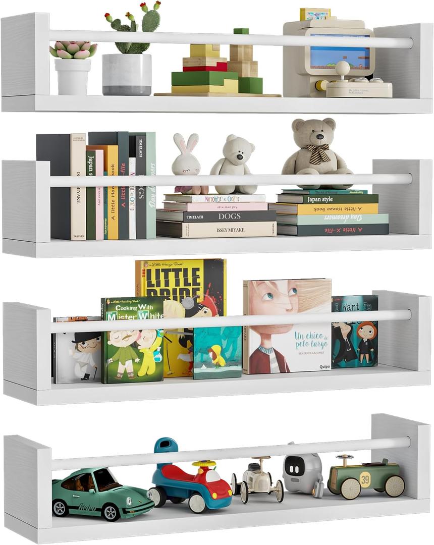 23.6" Wall Book Shelves for Kids - Floating Nursery Book Shelves Set of 4, White Wall Mounted Bookshelf for Kids Room, Toddler Bedroom Furniture & Toy Storage
