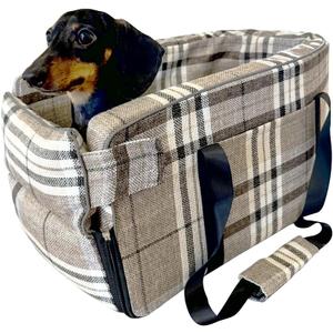 Kumdita' Center Console Dog Car Seat & Carrier for Small Dogs & Cats  Portable Booster with Sewn-in Leash, Machine Washable, Fits Most Vehicles (Classic Beige Check) (Medium)