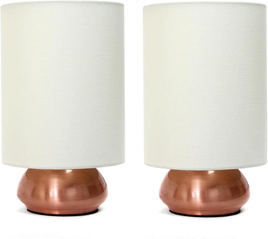 Simple Designs LT2016-CRM-2PK 9" Gemini 2 Pk Contemporary 4 Settings Touch Metal Mini Round Table Lamp Set w Fabric Shades for Dcor,Nightstand,End Table,Bedroom,Living Room,Office,Foyer, RGD & WHT (Rose Gold Base with Cream Shades)