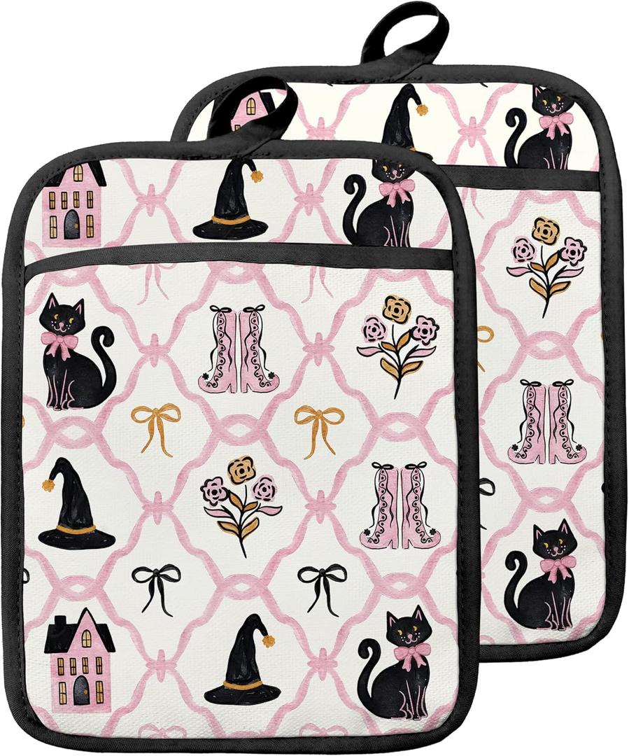 4 x Coquette Bow Halloween Black Cat Pot Holders with Pockets, Preppy Pink Floral Witchy Halloween Oven Pot Holders Heat Resistant Oven Mitts Hot Pads for Kitchen Baking Cooking, Set of 2