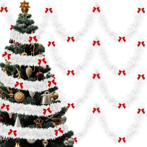 2pcs x 66ft Christmas Tinsel Garland with 40 Pcs Red Bows for Christmas Tree Birthday Party New Year Holiday Wedding Party Decoration(White)