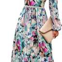 Women's Spring Wrap Maxi Dress Floral V Neck Long Sleeve Wedding Guest Party Casual Chiffon Dress (XX-Large, Green Geometry)