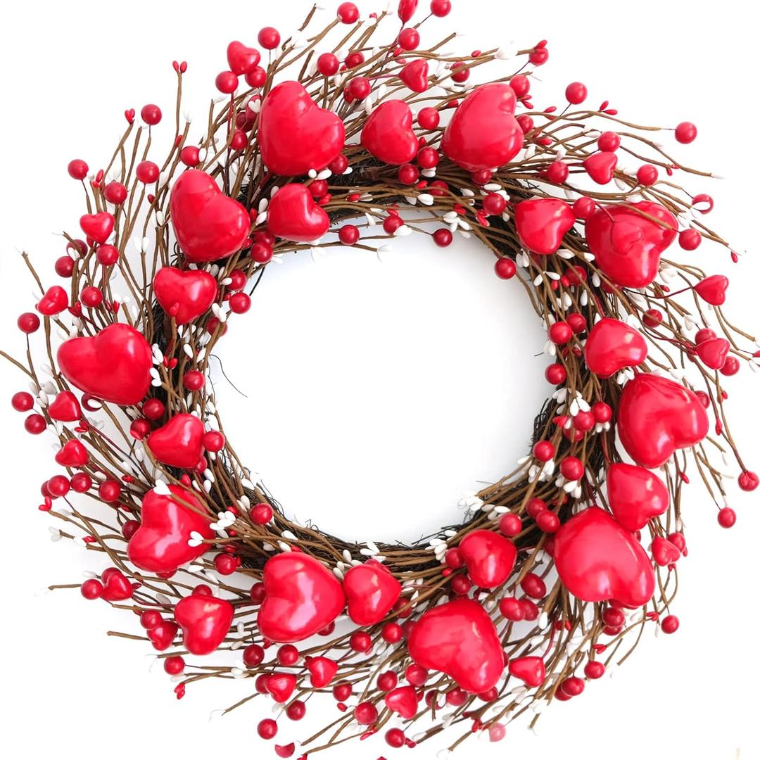 Idyllic 20 Inch Heart-Shaped Berries Front Door Wreath, Red Round Wreath for Wedding and Holiday Home Decor, Farmhouse Decorations, Mother's Day Wreaths for Front Door
