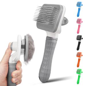 Dog & Cat Brush, Self Cleaning Slicker Brush for Pets, Upgraded Dog Brush for Shedding Massaging and Grooming, Removes Loose Undercoat & Portable Comb for Long Short Haired Dogs(Gray)