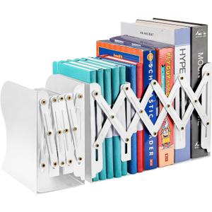 OMEYA 2PCS Adjustable Metal Bookends, Heavy Duty, 2 Dividers, Nonslip, Extends up to 19 inches (White)