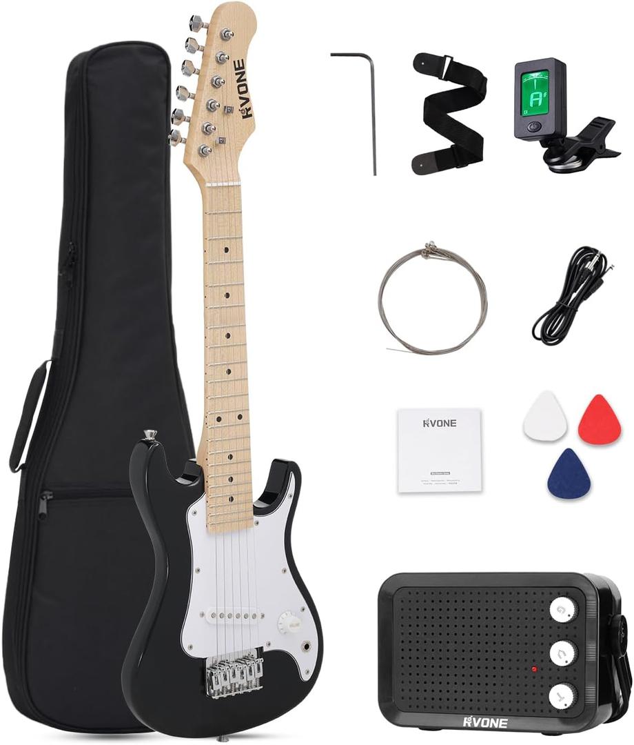 30 Inch Kids Electric Guitar Kit Beginner Complete Bundle with Smooth Fingerboard, Lightweight Design for Child, 5W Practice Amp, Gig Bag, Tuner, Strap, Cable, Picks, Extra Strings, RST-70 Black