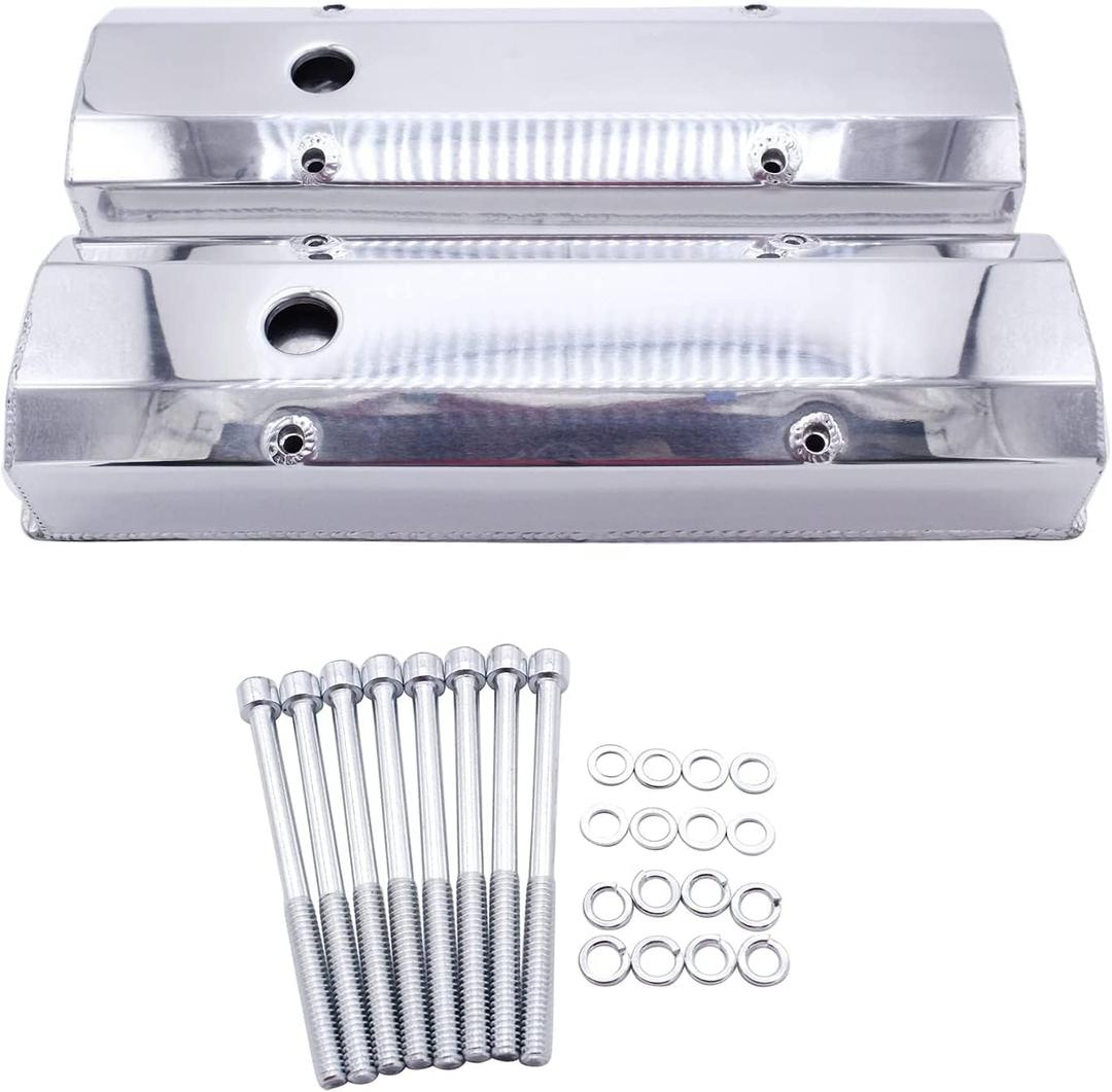 1 Set SHLPDFM Valve Covers Fabricated Silver Polished Aluminum Tall Valve Covers 1/4" Billet Rail Fits for Chevy SBC 283 302 305 327 350 383 400 6351 Engine blocks 1958-1986