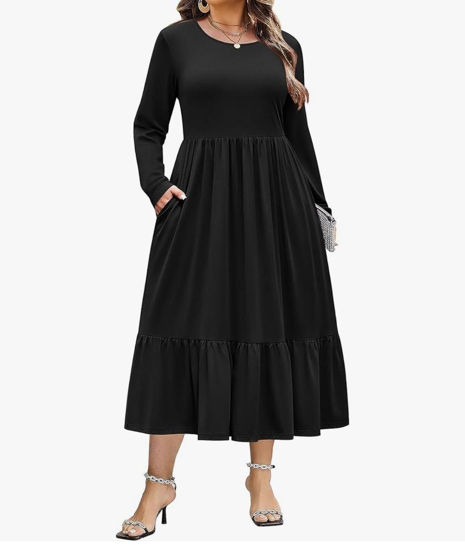 Women Plus Size Long Sleeve Dress Loose Casual Flowy Tiered Long Maxi Dresses with Pockets, 2XL