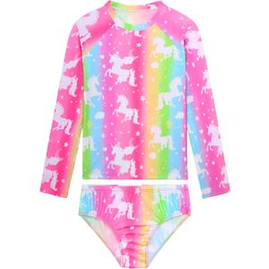 Girls Rash Guard Swimsuit Long Sleeve Two Pieces Bathing Suit | Tankini Swimwear with Briefs, Toddler Kids Design, Adorable Swimwear, UPF 50+ Sun Protection, Quick Dry