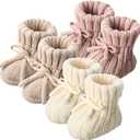 Evervibe 3 Pairs Knitted Baby Booties 0-6 Months Newborn Baby Shoes First Walkers Cozy Shoes for Infant Boy Girl(Beige, Khaki, Pink)