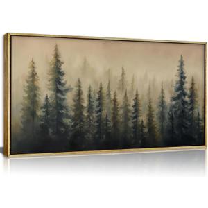 Framed Large Misty Forest Landscape Canvas Wall Art Green Pine Tree and Foggy Mountains Scenery Picture Wall Decor Abstract Nature Woodland Poster Oil Painting Print Artwork for Living Room Bedroom Office, 48"L x 24"W