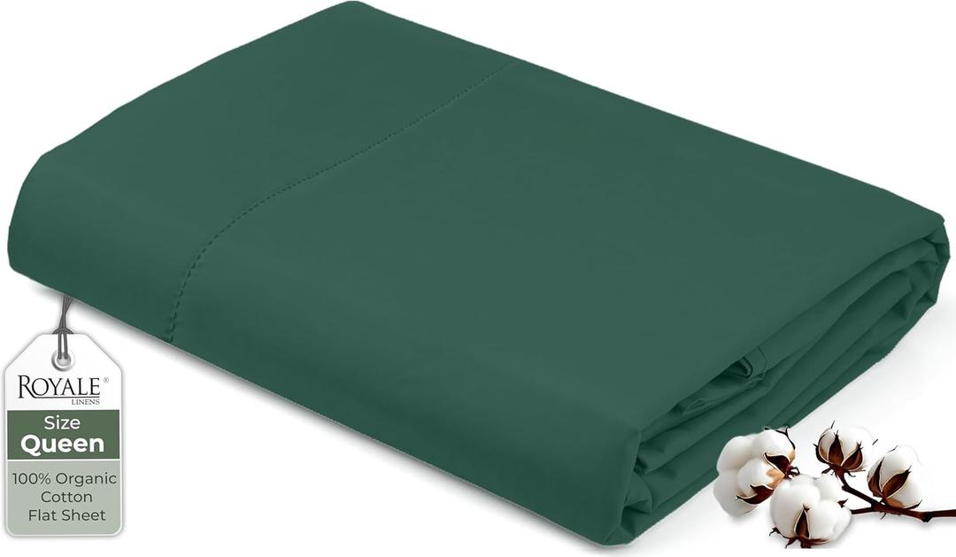 Royale Linens 100% Organic Cotton Queen Flat Sheet Only - Super Soft - Percale Top Sheets - Queen Flat Sheet Sold Separately - Breathable, Cool & Crisp Sheets Only (90" x 102", Hunter Green)