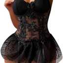 Foxiny Sexy Stocking Corset Babydoll Mesh Sheer Lace Up Ruffle Underwire Garter Lingerie with Thong Set 3 Piece.Medium