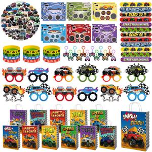 Monster Truck Party Favors for 12, Truck Birthday Party Supplies Include Goodie Bags, Bracelets, Keychains, Stickers, Paper Glasses, Off-Road Racing Theme Pinata Fillers Classroom Rewards