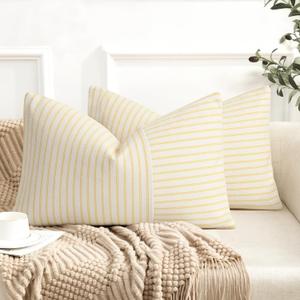 Farmhouse Pillow Covers 12x20, Modern Accent Lumbar Throw Pillow Covers Set of 2, Yellow and Beige Striped Patchwork Linen Decorative Pillows Cushion Covers for Couch Chair Bedroom Fall Decorations