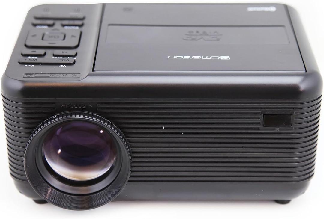 Emerson EVP-2500 150" Home Theater LCD Projector with Built-in DVD Player, Bluetooth, HDMI & USB Inputs, Stereo Speakers, Remote Control, Projector Screen  Perfect for Home and Outdoor Entertainment