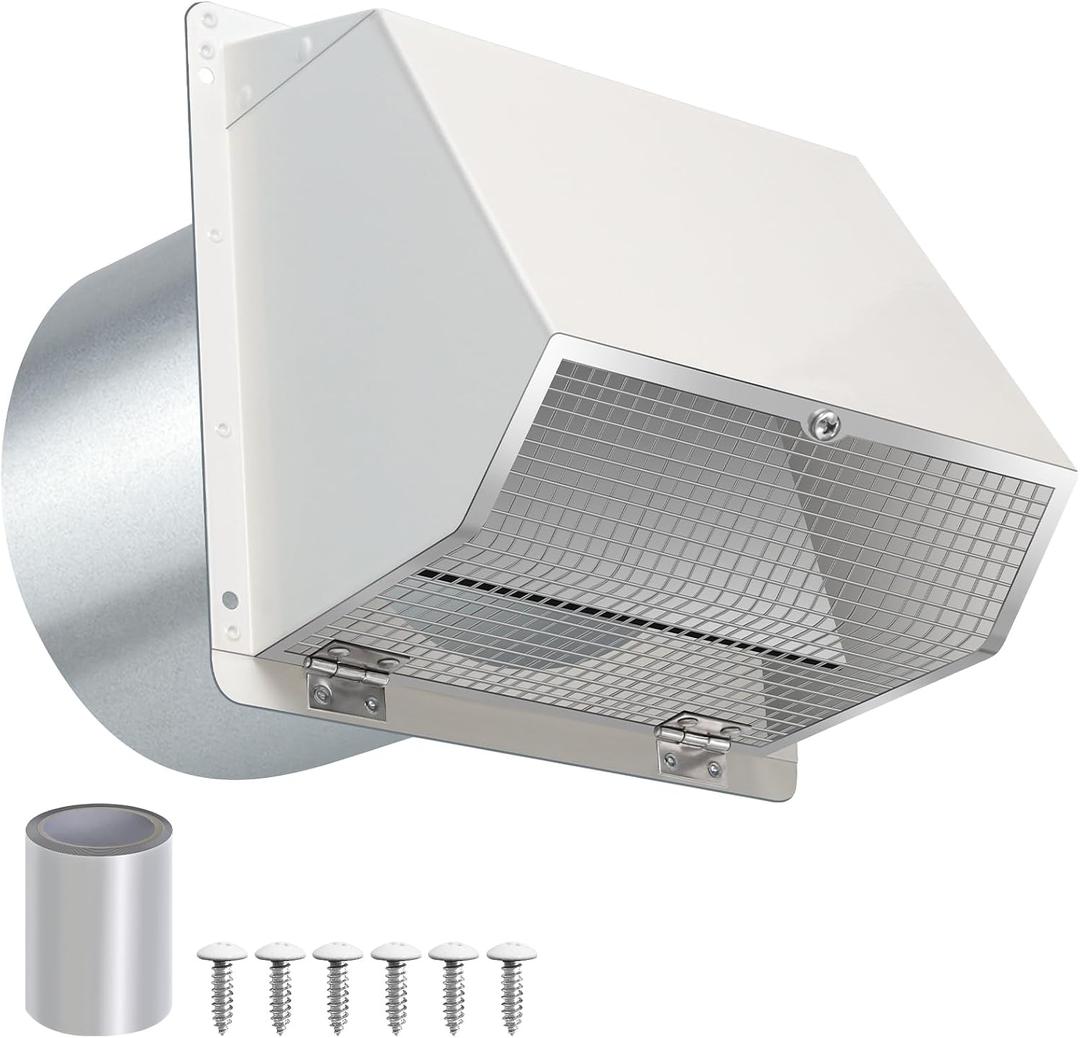 10 Inch Hooded Wall Vent with Screen and Damper, Outdoor Wall Exhaust Vent Cover Cap for Kitchen Range Hood Dryer Exterior Ventilation and Outside Air Exhaust, Galvanized Steel, White
