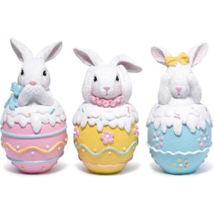 Hodao Easter Bunny Figurines Set of 3  5.3" Hand-Painted Resin Decorations with Pastel Easter Egg Design  Perfect for Spring Dcor, Tabletops, and Festive Displays (Color 3pcs)