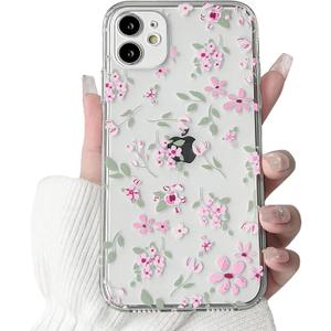 2 x Lovmooful Compatible for iPhone 11 Case Cute Clear Flower Floral Leaf with Aesthetic Design for Girls Women Soft TPU Shockproof More Protective Girly for iPhone 11 Case-Pink Flower