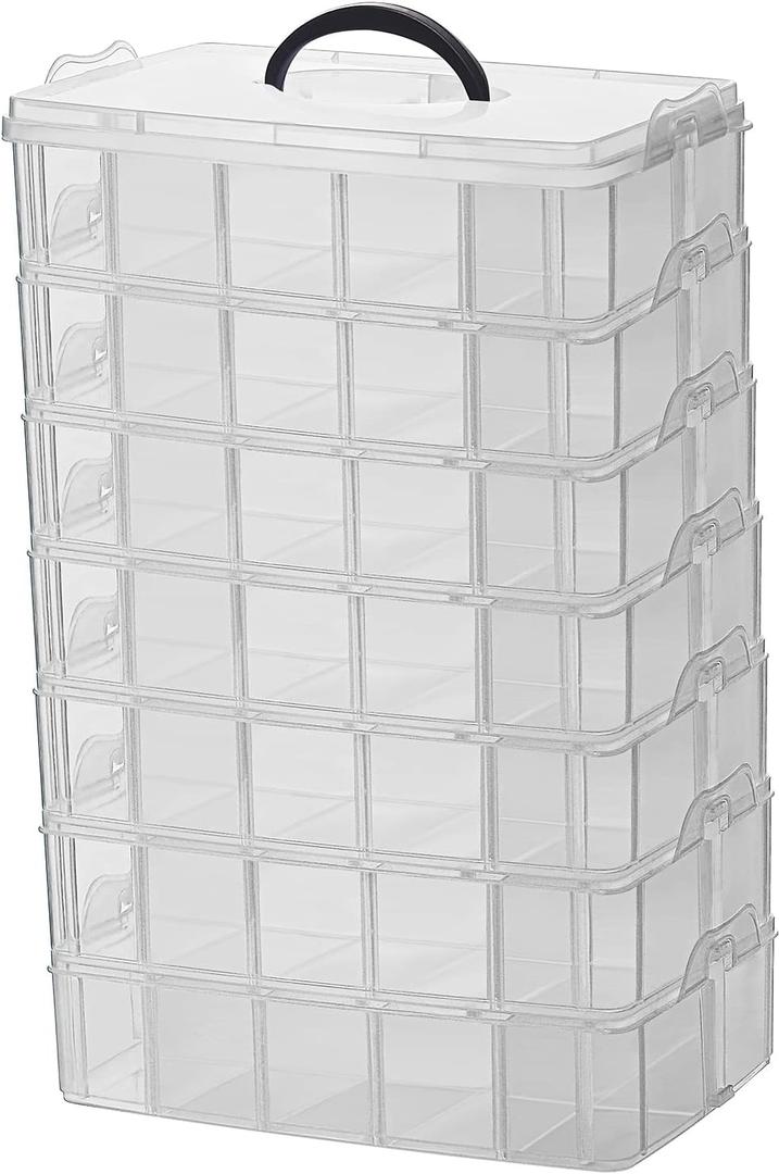 Sooyee 7 Layers Stackable Storage Container, 70 Adjustable Compartments Stackable Storage Container for Kids Toys, Art Crafts, Jewelry, Supplies, Mini Case & Letter Sticker Included, Clear