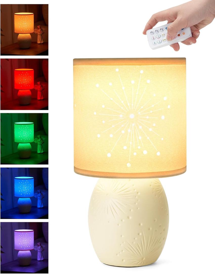 UMEXUS 10'' Cordless Rechargeable Table Lamp, Small Battery Operated Ceramic Nightstand Light with Remote, 12 Colors & Timer - Table Lamp for Bedroom, Living Room, Bedside, Outdoor, Patio, Bathroom