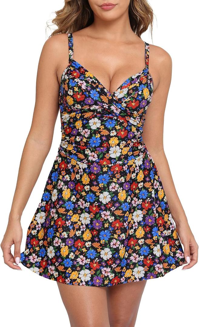 Halcurt Women's One Piece Swimsuit with Skirt Ruched Ruffle Tummy Control Swim Dress Bating Suit (L)